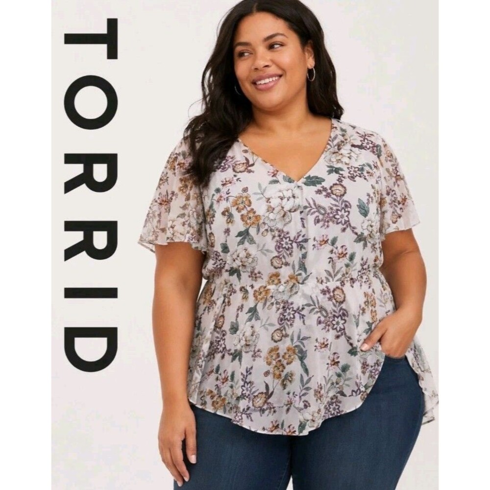 TORRID Womens 1/1X Floral Feminine Georgette Peplum V-Neck Short Sleeve Pink Top
